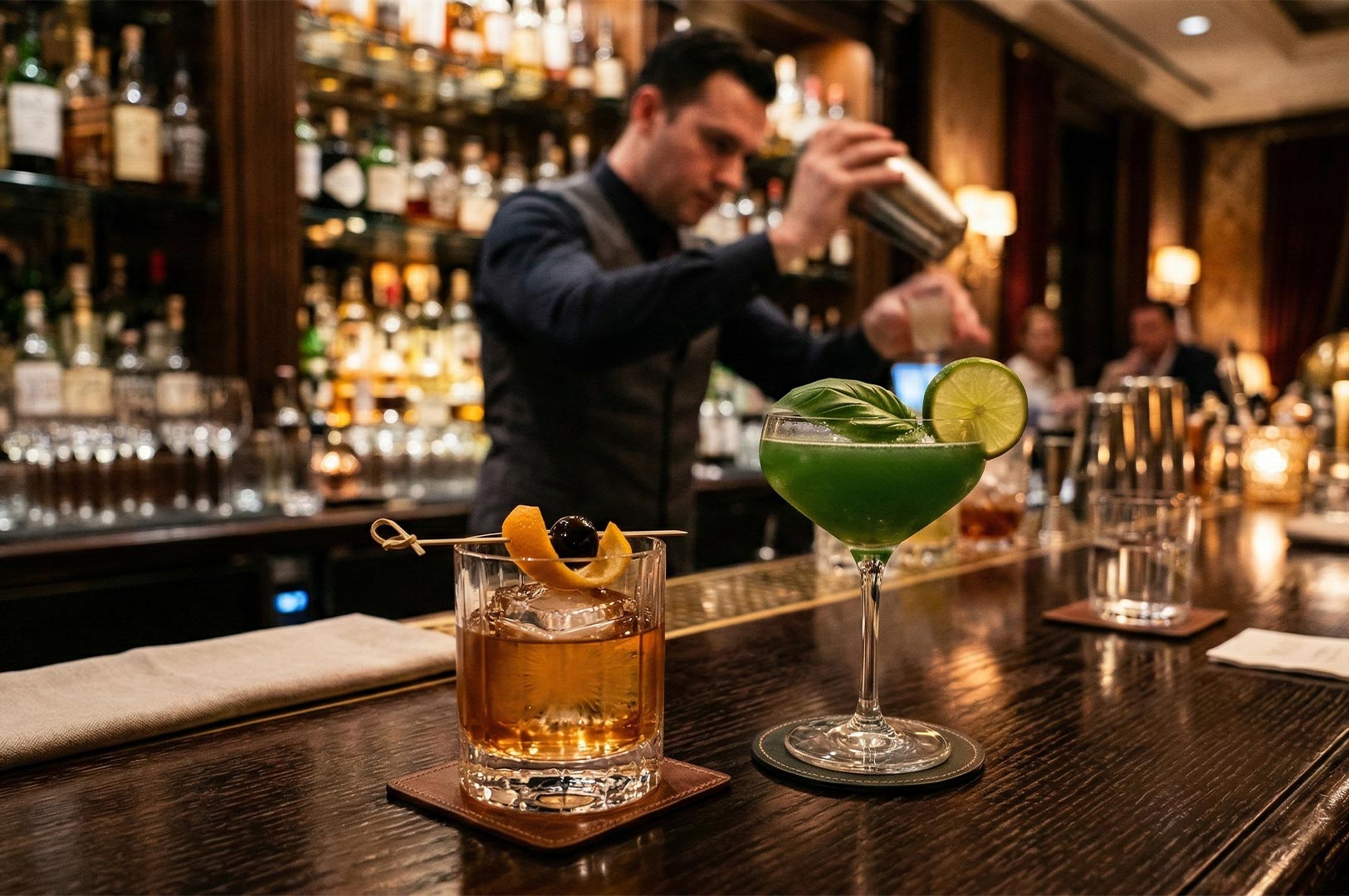 Professional bartender shaking a drink behind a dark wood bar with an Old Fashioned and a green basil gimlet in the foreground.