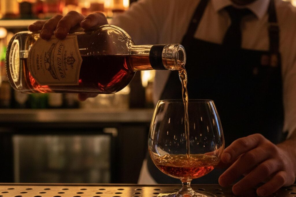 Close-up of a bartender's hands pouring a rich, amber-colored spirit from a vintage bottle into a glass snifter on a dimly lit bar counter.