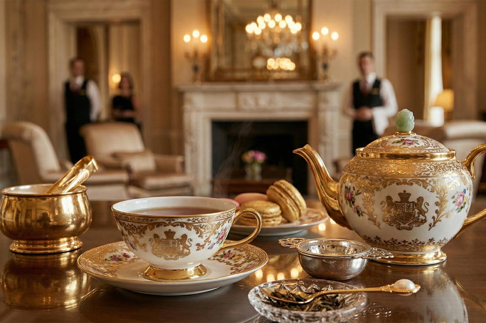 Close-up of a luxury afternoon tea set with gold-trimmed porcelain, a teapot, and French macarons near a fireplace.