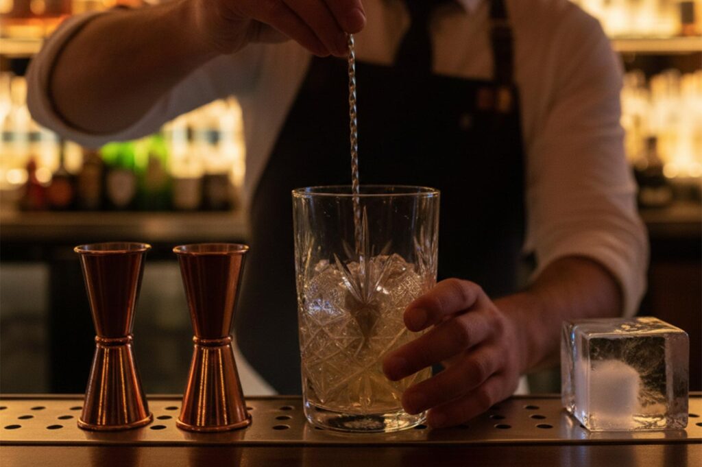 A bartender in a dark apron using a long bar spoon to stir a drink in a crystal mixing glass with copper jiggers nearby.
