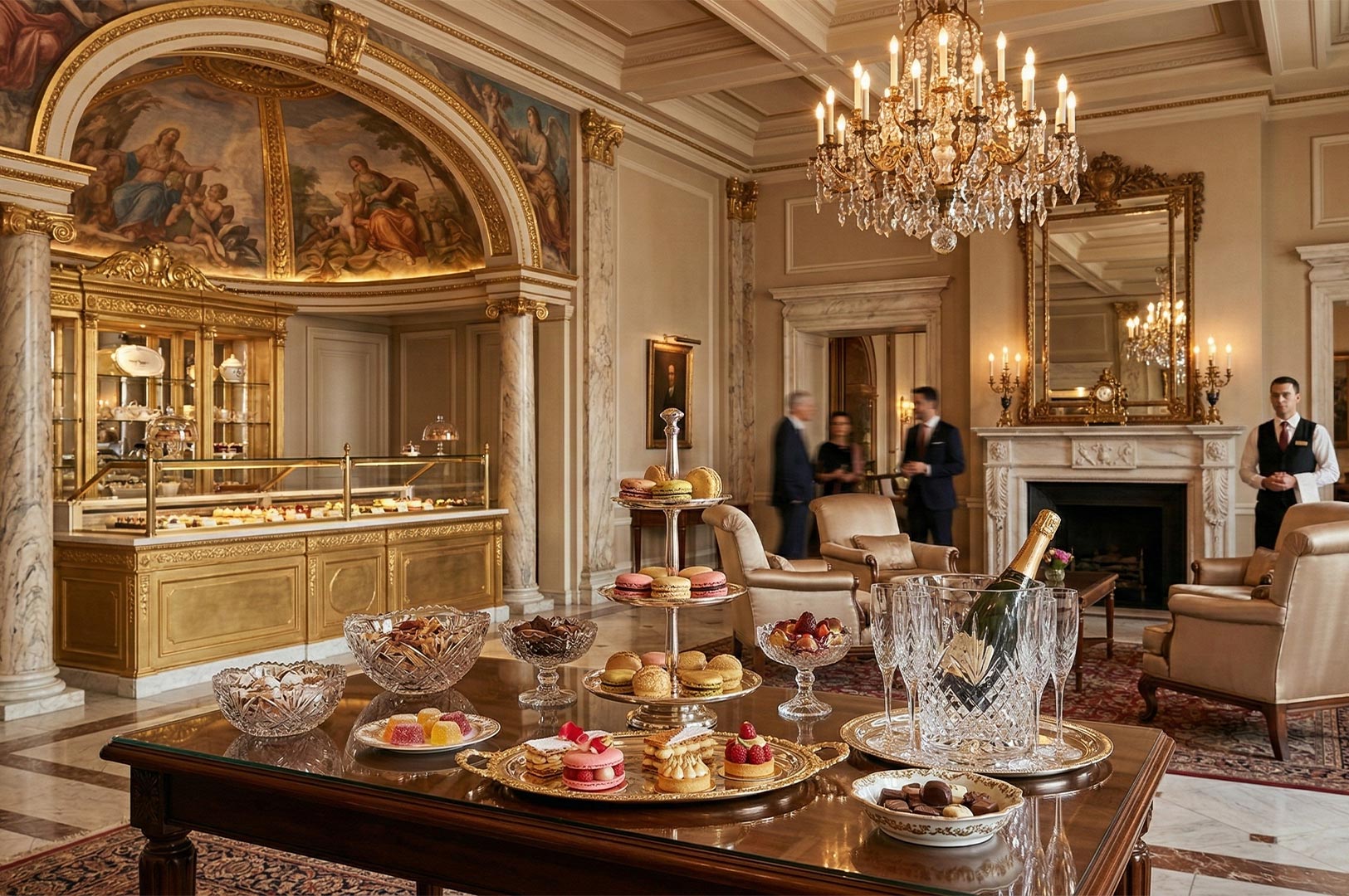 A grand hotel lounge featuring a dessert display, tiered macaron stands, champagne on ice, and ornate classical architecture.