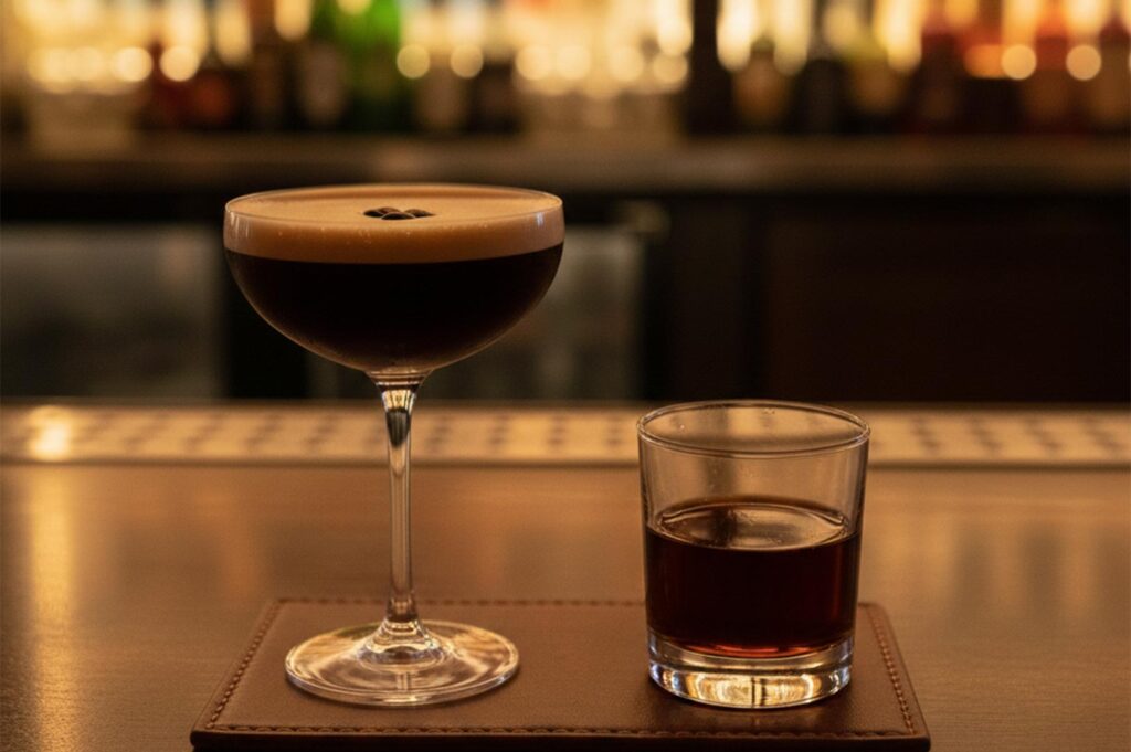 A classic espresso martini with three coffee beans on foam, paired with a small neat pour of dark whiskey on a leather coaster.