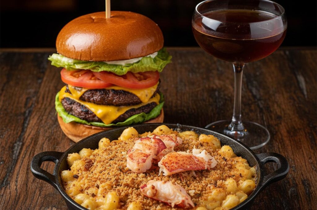 A luxury bar food spread featuring a double cheeseburger, a skillet of lobster mac and cheese, and a dark cocktail.