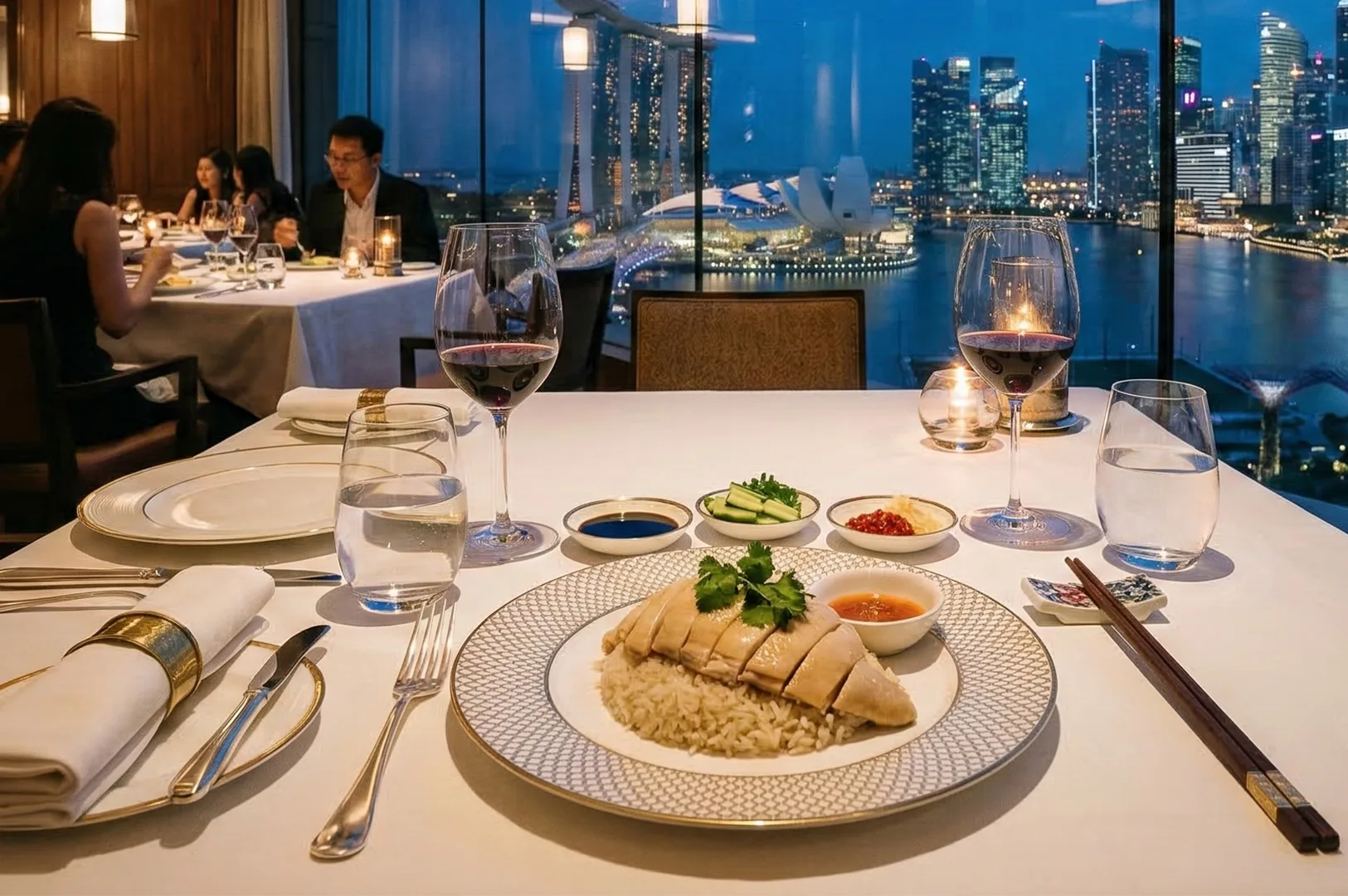 A fine dining table featuring Hainanese chicken rice and red wine with a stunning night view of the Marina Bay Sands skyline in Singapore.