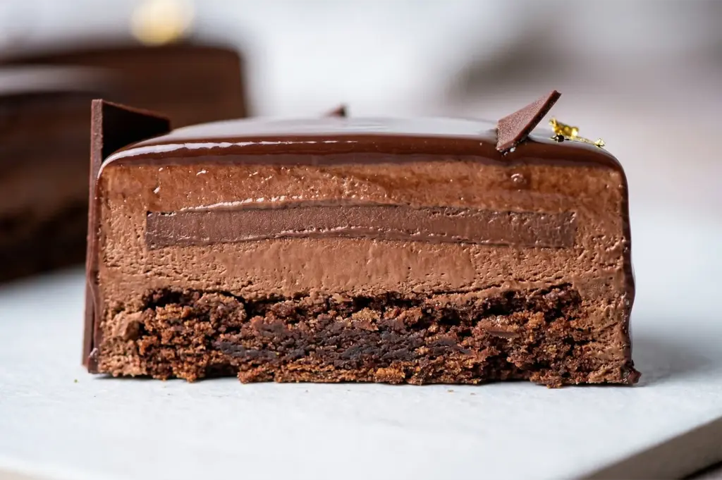 A slice of rich chocolate mousse cake with a glossy top, layered over a crunchy base. It includes chocolate decorations and a touch of gold leaf.