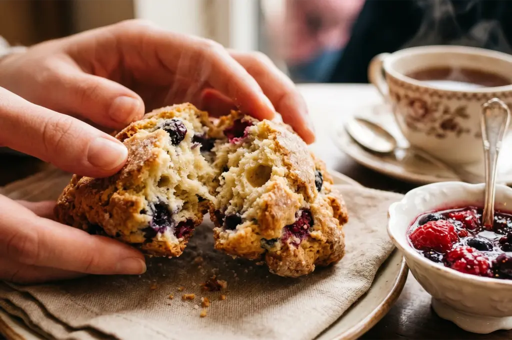 A close-up of hands breaking open a warm, steam-filled blueberry and raspberry scone served with a side of berry jam and a vintage cup of hot tea.