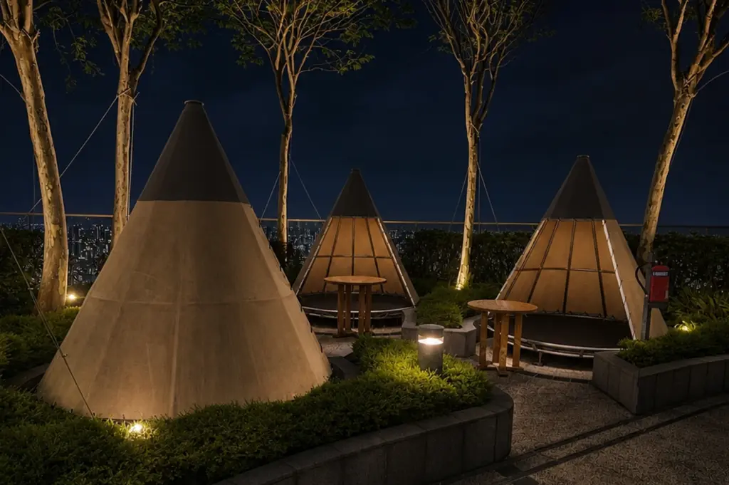 Mr Stork rooftop bar at Andaz Singapore at night featuring illuminated teepee-style seating pods, landscaped garden terrace, and city skyline views under a deep blue sky