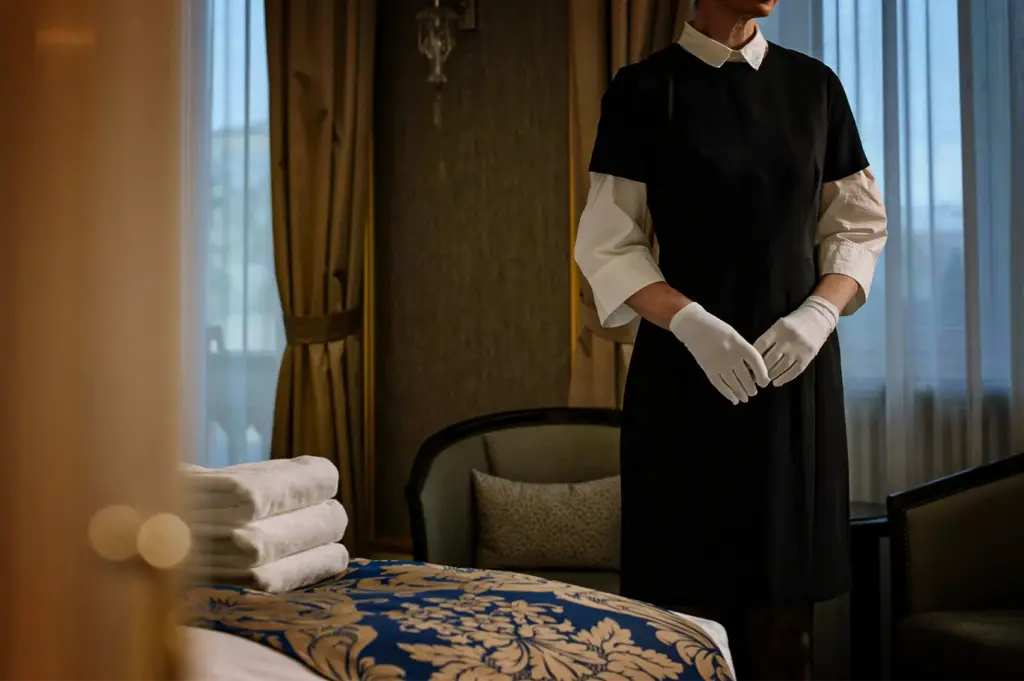 An eye-level, medium shot captures a hotel maid standing inside an elegantly decorated room, representing the file "3-Some Hotels Become Part.webp". The maid is positioned on the right, her face cropped out of frame, wearing a formal black uniform over a white collared shirt with long sleeves, completed with crisp white gloves clasped in front of her. On the left, a stack of fresh, folded white towels rests on a bed adorned with a blue and gold patterned damask runner. The background features a sophisticated interior with gold curtains framing a window, a plush armchair with a throw pillow, and subtle lighting that evokes a sense of high-end, meticulous service.
