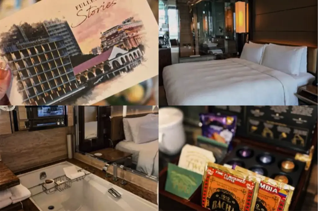 A 2x2 grid collage showcases various amenities and features of a luxury hotel stay, representing the file "5-The Fullerton Bay Hotel.webp". The top-left panel shows a hand holding an illustrated postcard featuring a watercolor painting of the hotel's waterfront facade and the words "Fullerton Stories." The top-right panel captures a neat king-sized bed with crisp white linens in a modern room with warm lighting and a glimpse of a glass-walled bathroom in the background. The bottom-left panel focuses on a deep, white soaking bathtub equipped with a metal tray across it, situated next to marble-textured surfaces and a mirrored wall reflecting a small television and the bedroom area. The bottom-right panel displays a close-up of premium in-room refreshments, including luxury TWG tea bags, Bacha Coffee packets, and a wooden box containing coffee capsules, completing the sophisticated guest experience.