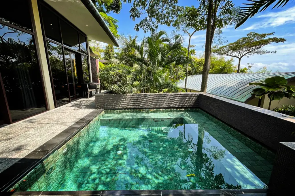 A high-angle, medium shot captures a private, luxurious plunge pool integrated into a modern villa patio, representing the file "5-Where Stillness Meets Luxury.webp". In the foreground, the small square pool is lined with green tiles, its clear water reflecting the surrounding trees and blue sky. The pool is bordered by a dark, textured stone wall on the right and a light grey tiled walkway on the left, which leads to a villa building featuring expansive, dark-framed glass doors and windows. Surrounding the deck is a lush tropical landscape filled with vibrant green trees and palm fronds under a bright sky with thin white clouds, evoking a serene and secluded resort atmosphere.