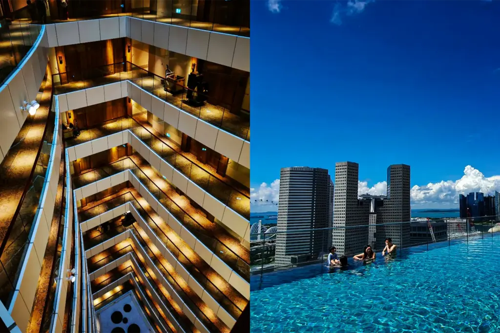 A split-screen shot captures two contrasting perspectives of a luxury hotel, representing the file "2-Andaz Singapore.webp". The left side features a dramatic, high-angle look down into a cavernous indoor atrium, showing multiple tiers of sharply angled, triangular balconies lined with glass railings and warm wooden doors that recede down toward a patterned lobby floor. The right side shifts to an open-air, eye-level view of a rooftop infinity pool sparkling with turquoise water under a brilliant blue sky, where a few guests relax near the glass edge while overlooking a sprawling city skyline filled with modern skyscrapers and distant coastal views.