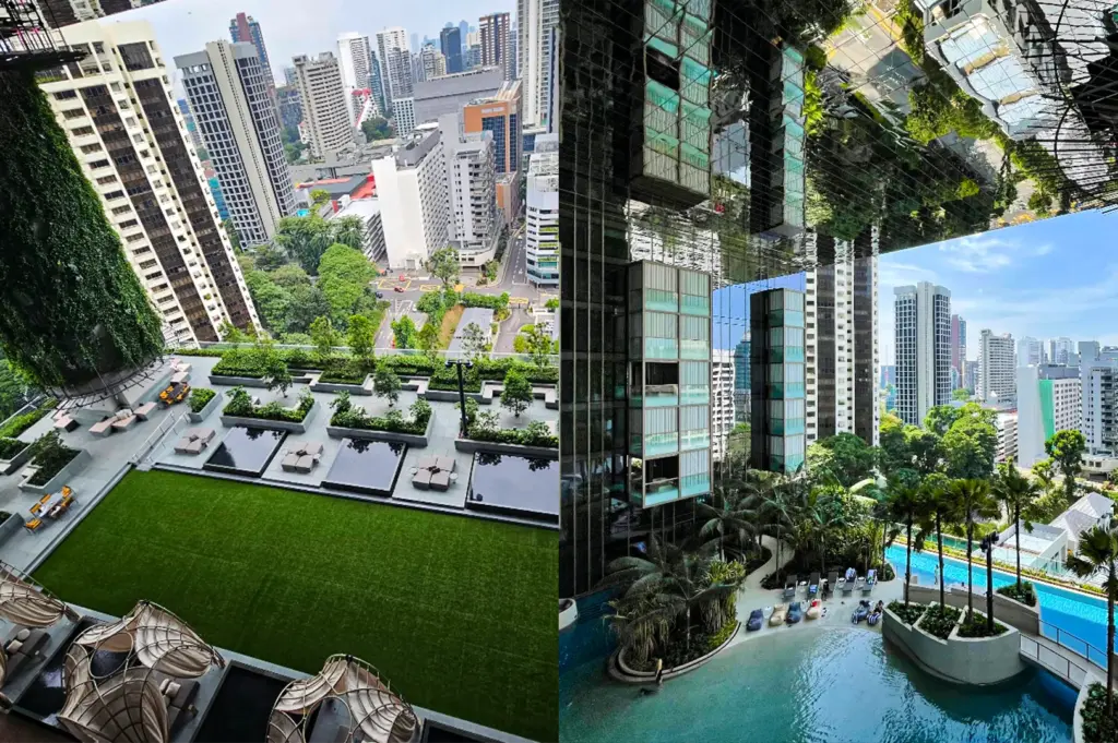 A split-screen, high-angle shot captures two different view perspectives from the open-air garden terraces of a luxury skyscraper, representing the file "2-Inside Pan Pacific Orchard Luxury.webp". The left side reveals an expansive rooftop terrace featuring a large, manicured green lawn, modern shaded lounge daybeds, geometric planter boxes filled with small trees, and dark reflecting pools overlooking a dense urban cityscape filled with high-rise buildings. The right side showcases a lower resort-style pool deck nestled beneath a massive, highly reflective mirrored ceiling panel that mirrors the pool, palm trees, and structural glass columns below. This tropical oasis includes a winding turquoise swimming pool, lounge chairs, and lush palm trees, all framing a panoramic vista of the surrounding city skyline under a bright, partly cloudy sky.