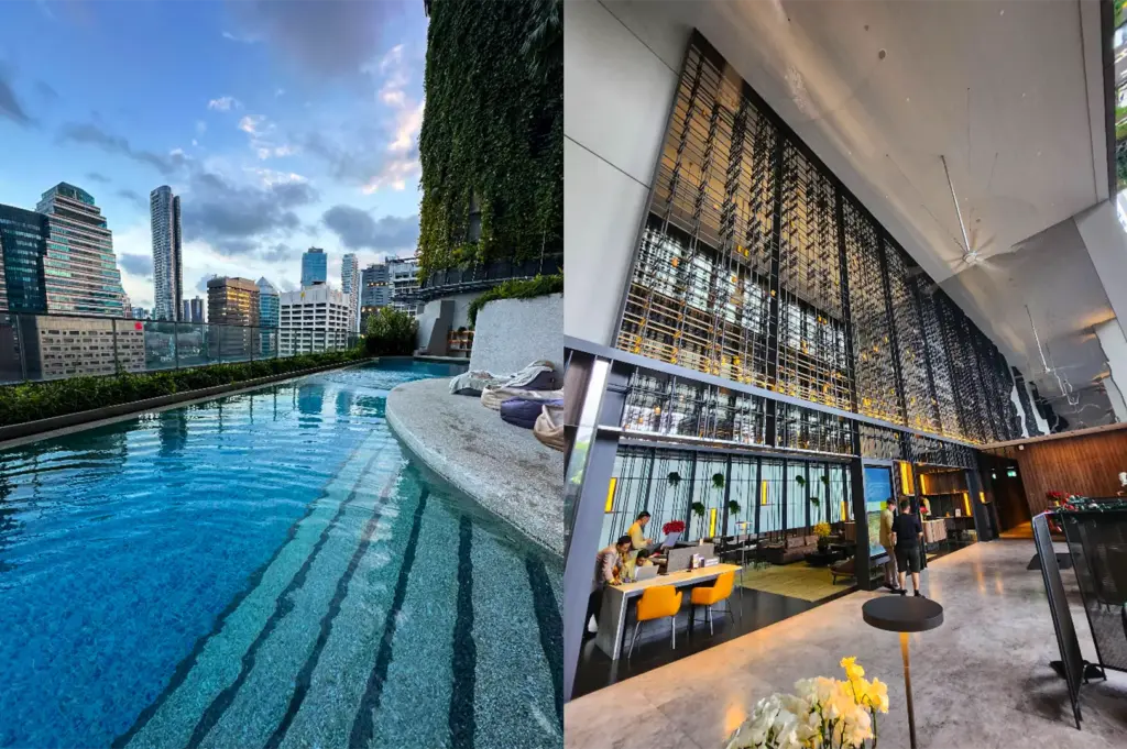 A split-screen, eye-level shot captures two contrasting luxurious amenities of a high-rise hotel, representing the file "3-Inside Pan Pacific Orchard Luxury.webp". The left side features a serene, curved outdoor swimming pool on an upper terrace, showing wide stone steps leading into clear turquoise water next to a vertical garden wall covered in lush ivy, all framing a backdrop of skyscrapers under a partly cloudy sky. The right side showcases a grand, cavernous indoor lobby reception area with an extraordinarily high, slanted white ceiling and a massive, intricate black latticework architectural screen that dominates the central wall. Below the screen, hotel staff and guests interact at sleek check-in counters with bright yellow accent chairs on polished grey stone floors, creating a sophisticated and open atmosphere.